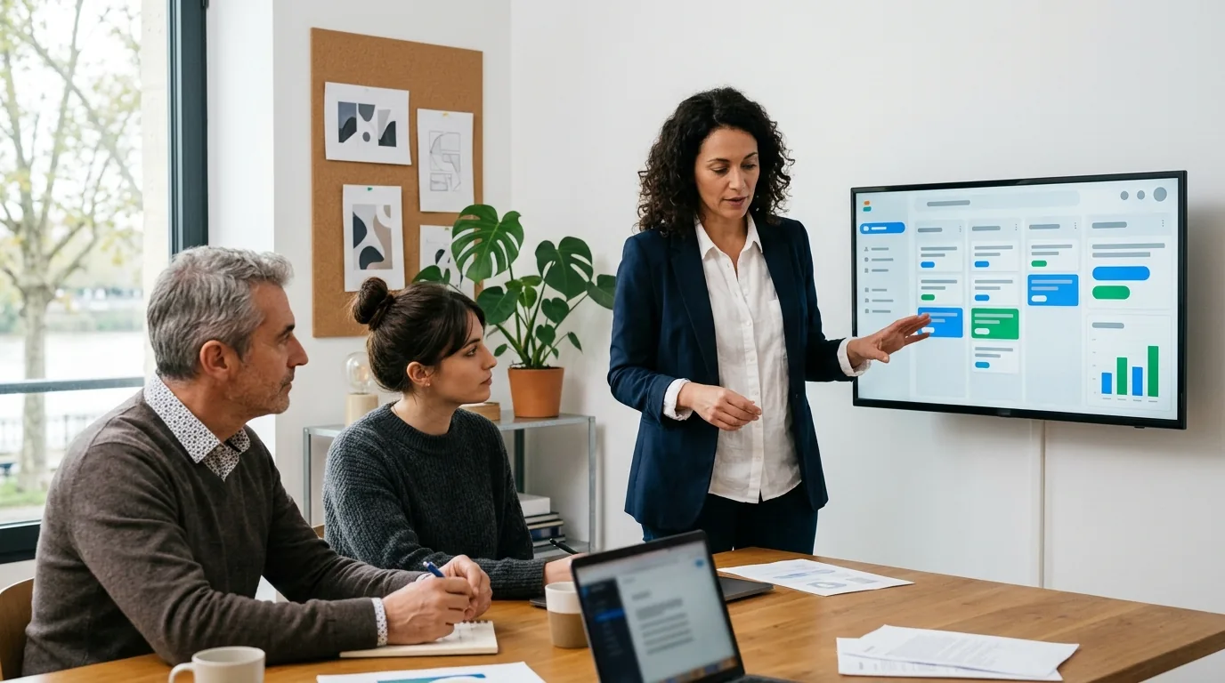Équipe d’agence digitale passant en revue la rentabilité de ses comptes clients dans son CRM