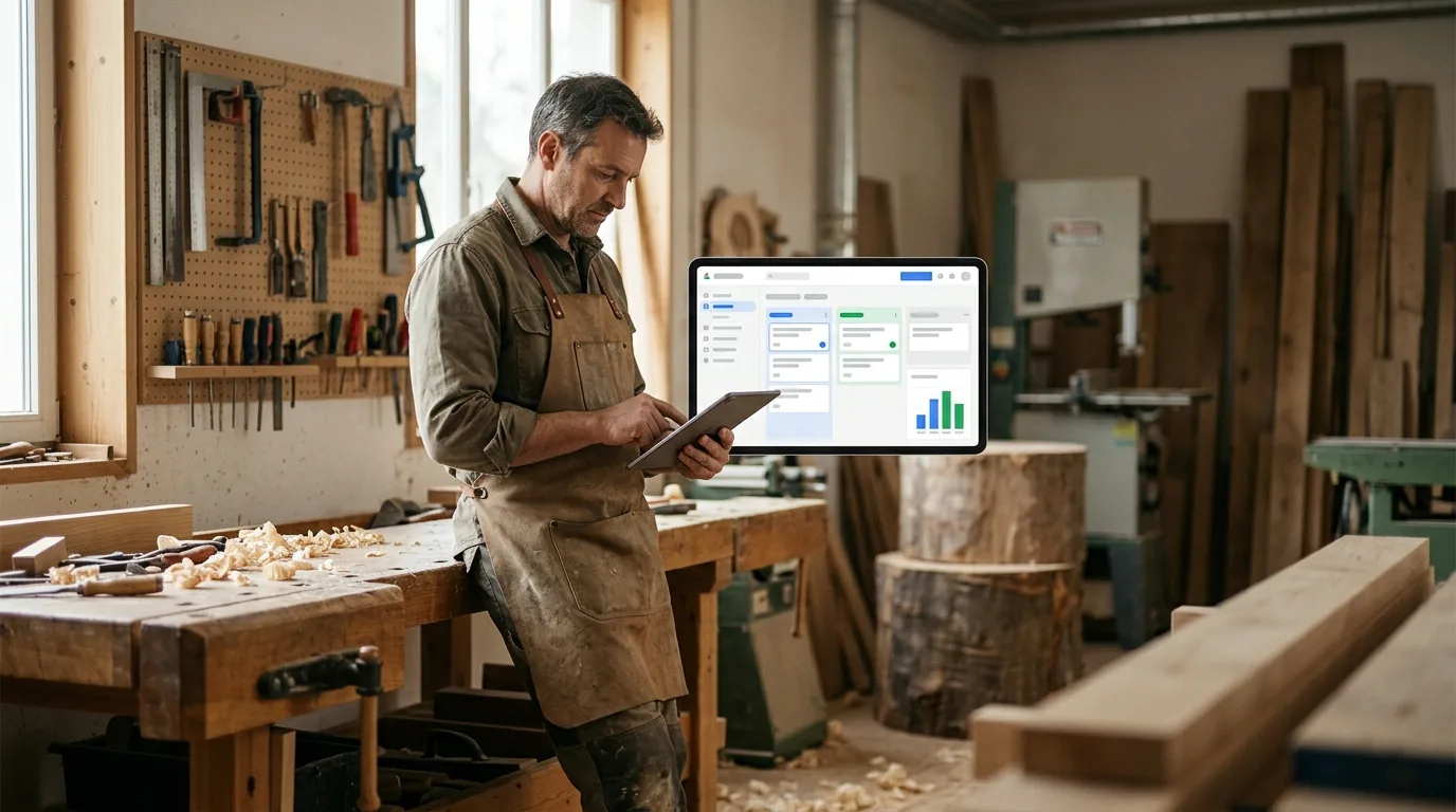 Artisan menuisier consultant ses devis en attente dans son CRM, sur tablette à l’établi