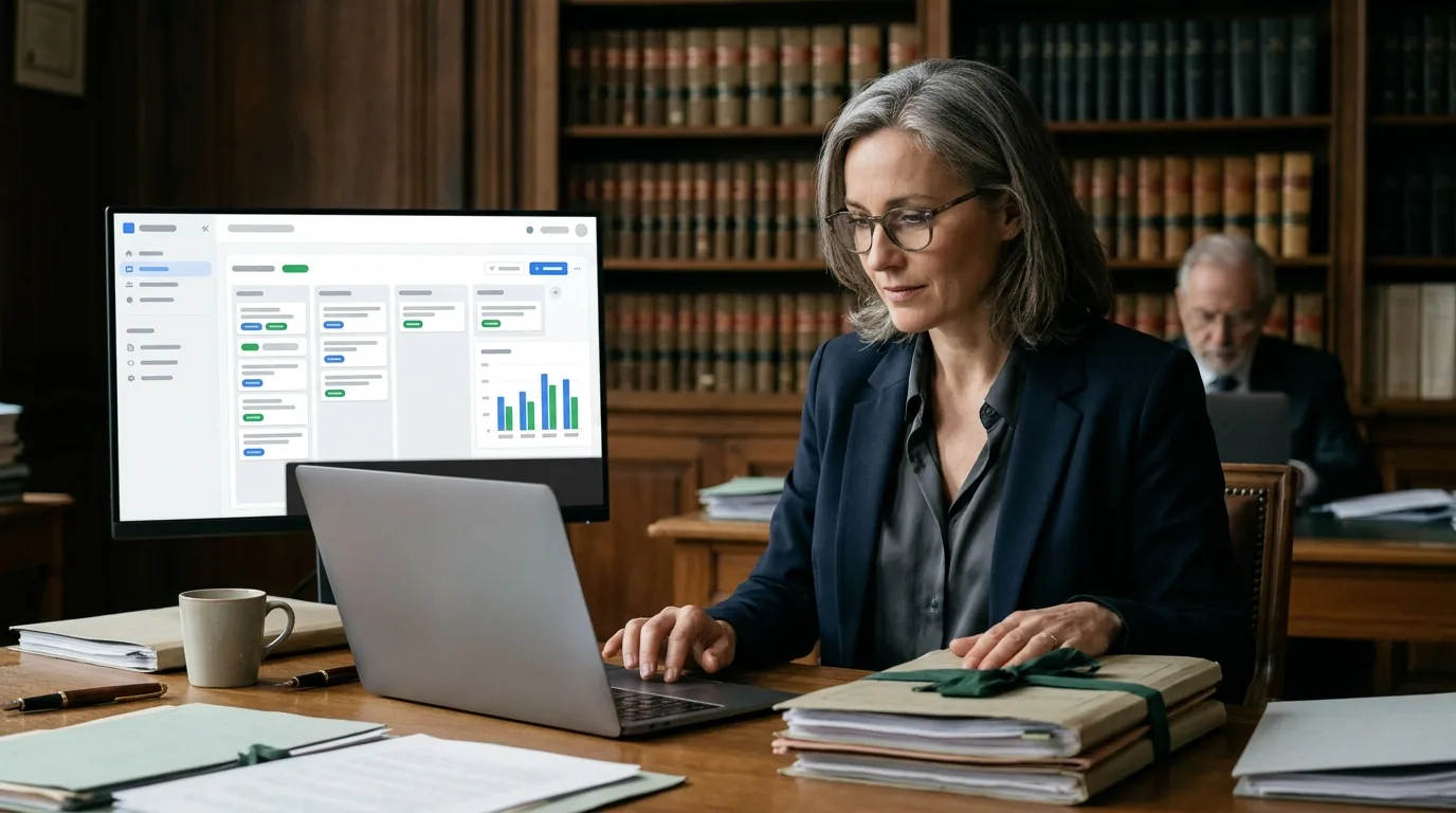 Avocate suivant ses dossiers et ses diligences dans son CRM, au cabinet