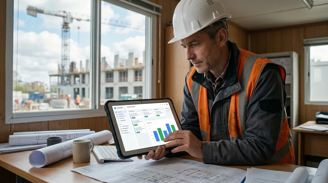 Conducteur de travaux consultant le pipeline commercial de son CRM sur une tablette, dans le bureau de chantier