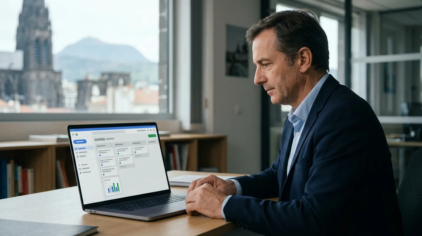 Dirigeant de PME clermontoise consultant son CRM sur mesure, la cathédrale en pierre de Volvic et le Puy de Dôme visibles par la fenêtre