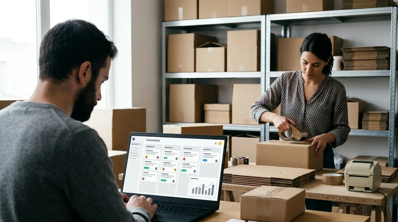 Équipe e-commerce consultant le pipeline clients de son CRM depuis l’atelier de préparation des commandes