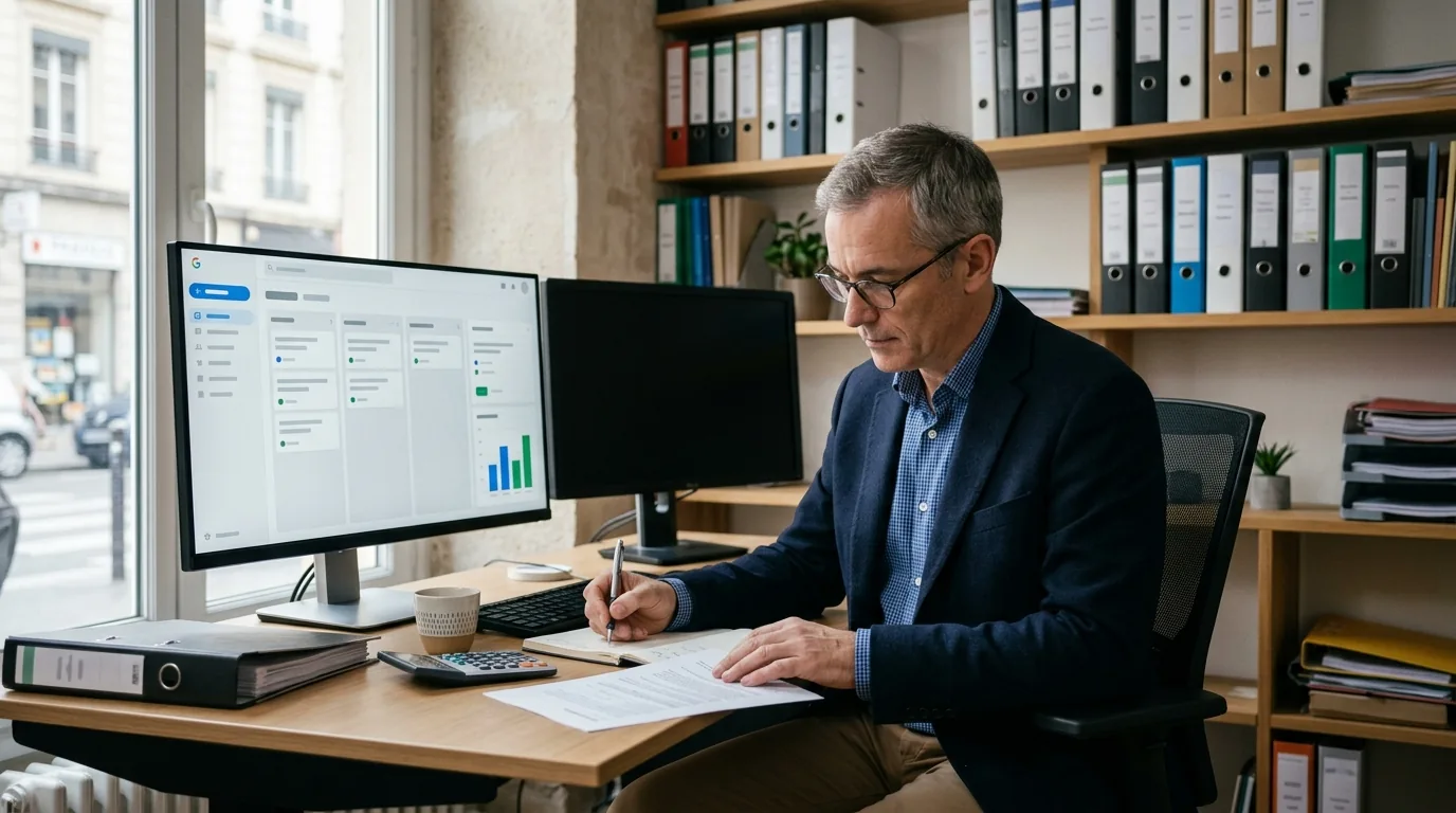 Expert-comptable suivant ses missions récurrentes dans son CRM, sur double écran au cabinet