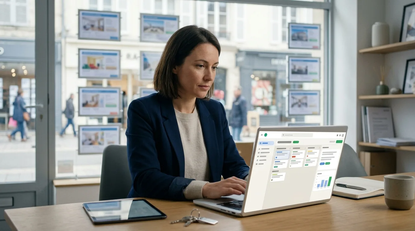 Négociatrice immobilière suivant ses acquéreurs et ses mandats dans son CRM, au bureau de l’agence