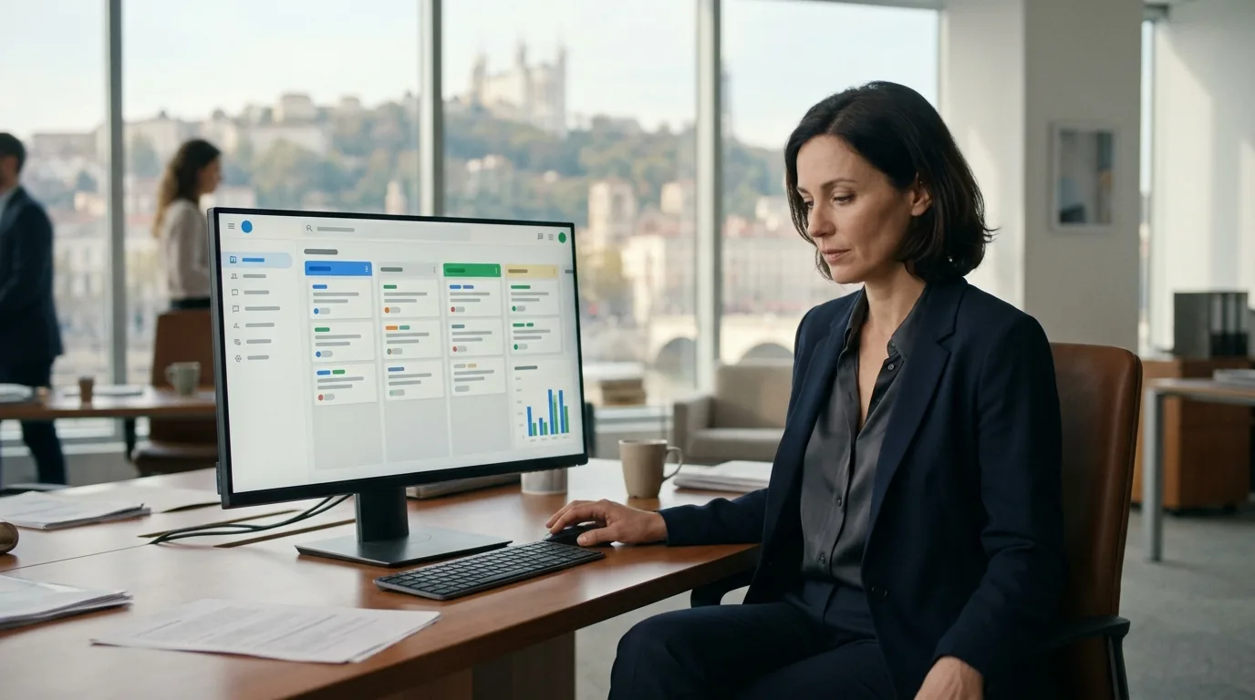 Directrice commerciale lyonnaise pilotant son pipeline dans son CRM sur mesure, les toits de la Presqu’île en arrière-plan
