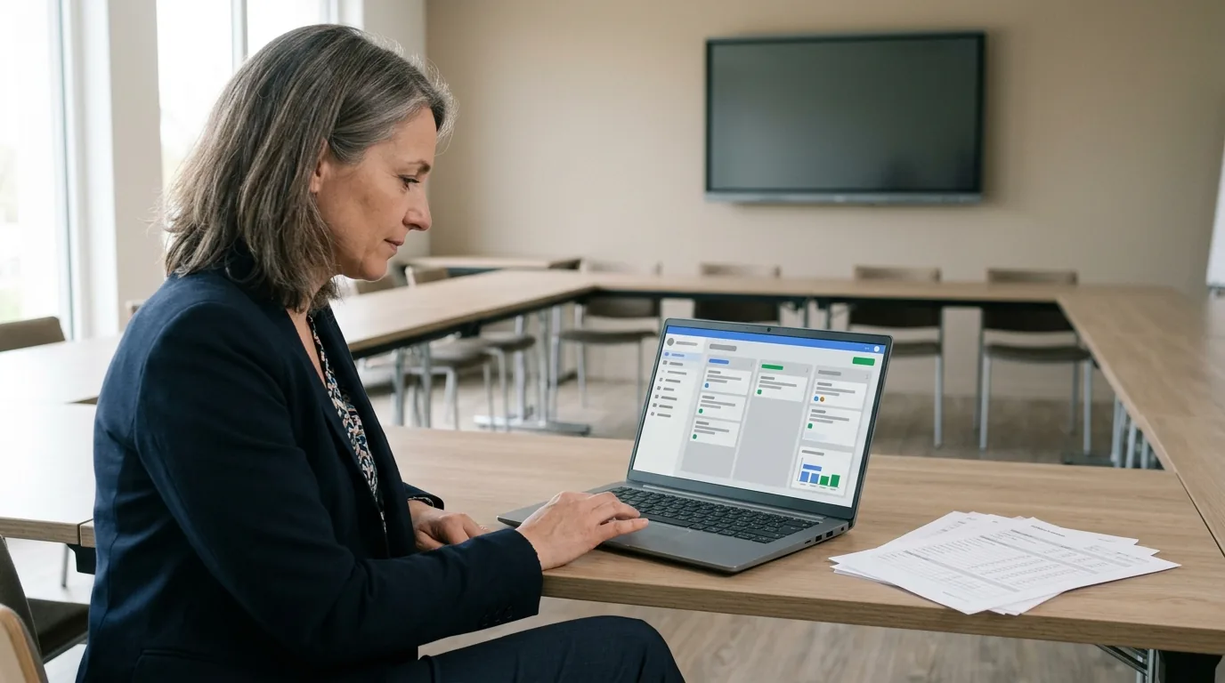 Responsable d’organisme de formation suivant ses sessions et ses financements dans son CRM, en salle de formation