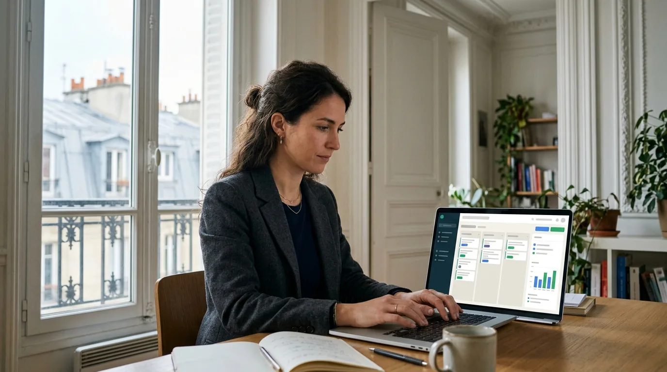 Fondatrice d’une société de services parisienne travaillant dans son CRM sur mesure, les toits en zinc visibles par la fenêtre