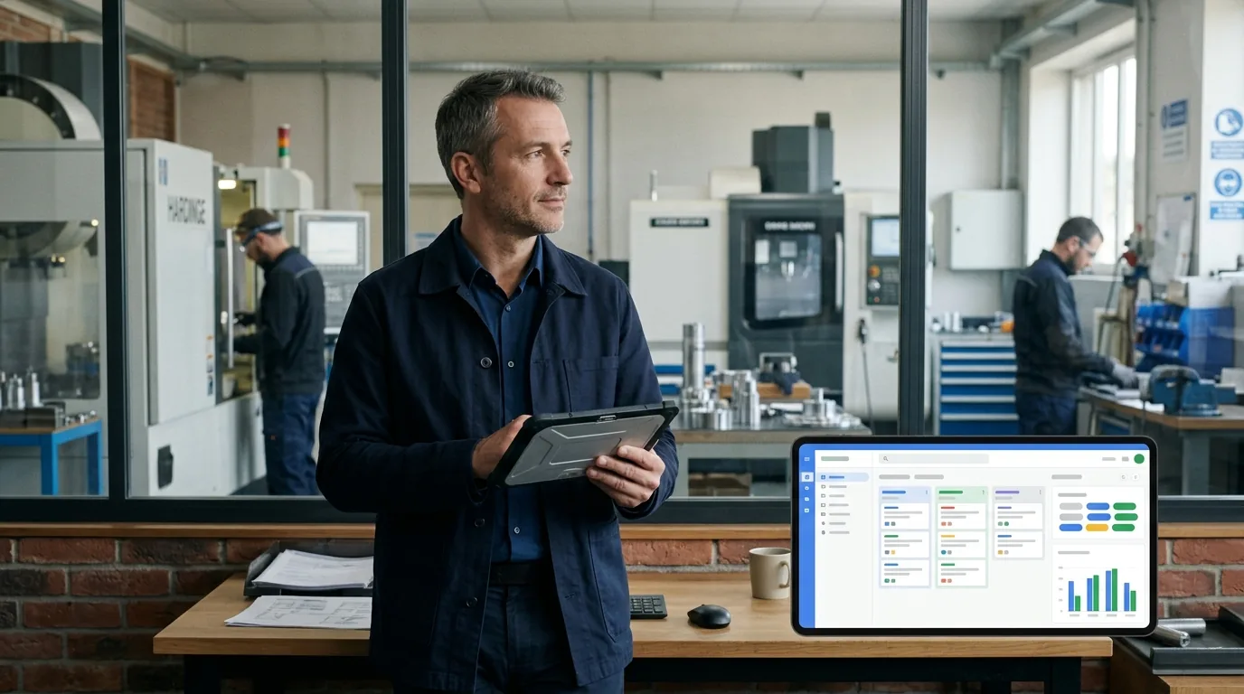 Dirigeant d’une PME industrielle stéphanoise consultant son CRM sur tablette, l’atelier d’usinage derrière la cloison vitrée