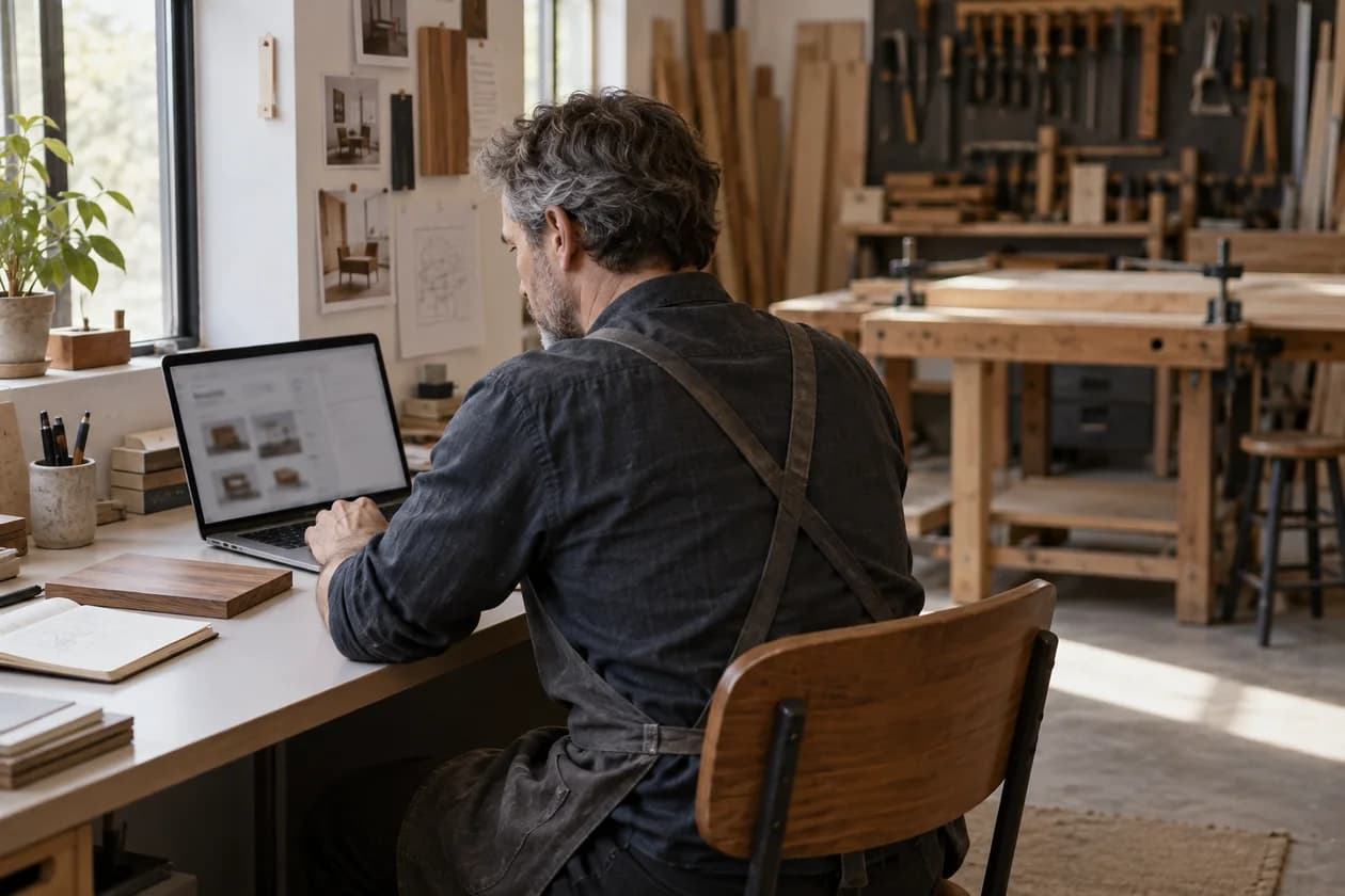 Illustration : un artisan menuisier consulte ses dossiers clients dans son atelier