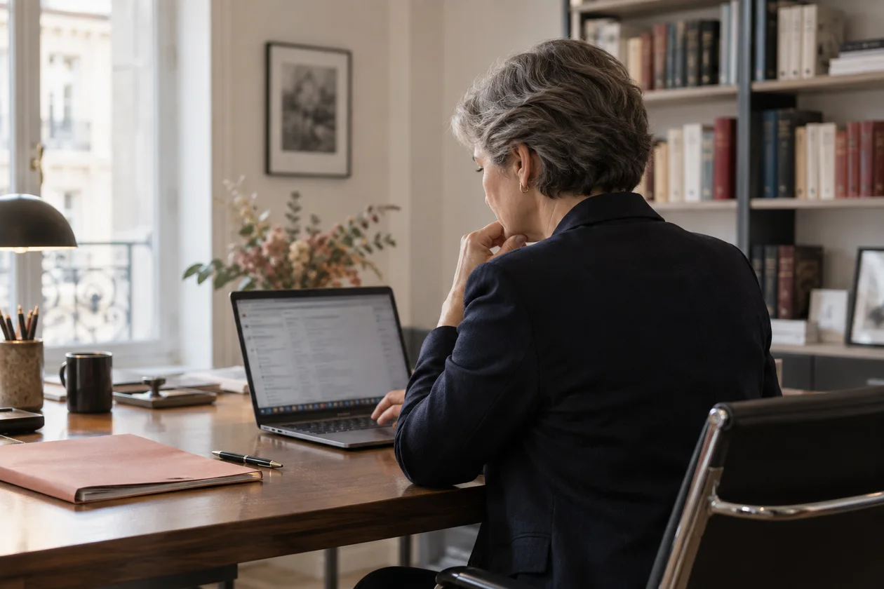 Illustration : une avocate consulte ses dossiers clients sur ordinateur