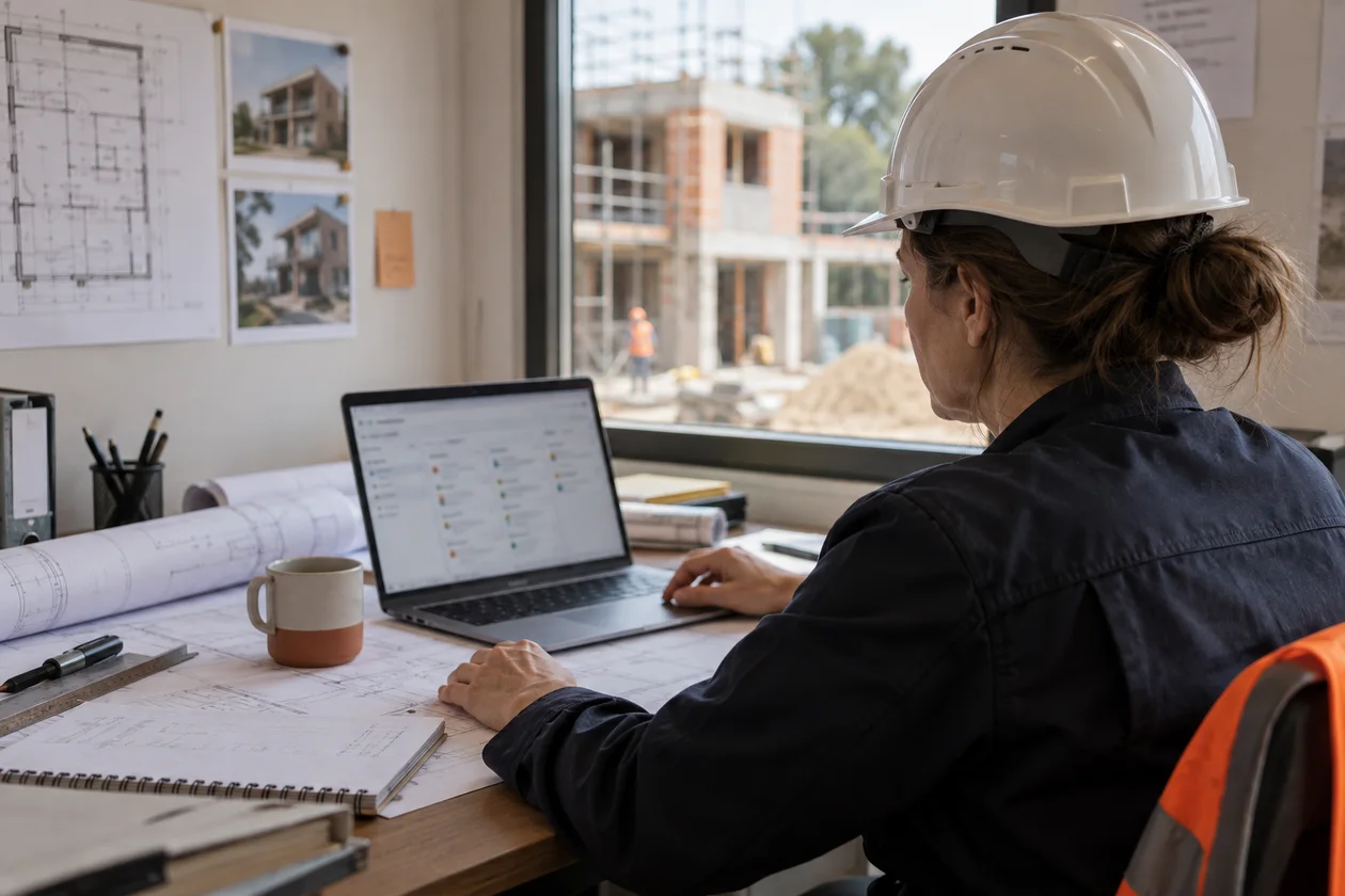 Illustration : une conductrice de travaux consulte son suivi commercial dans un bureau de chantier