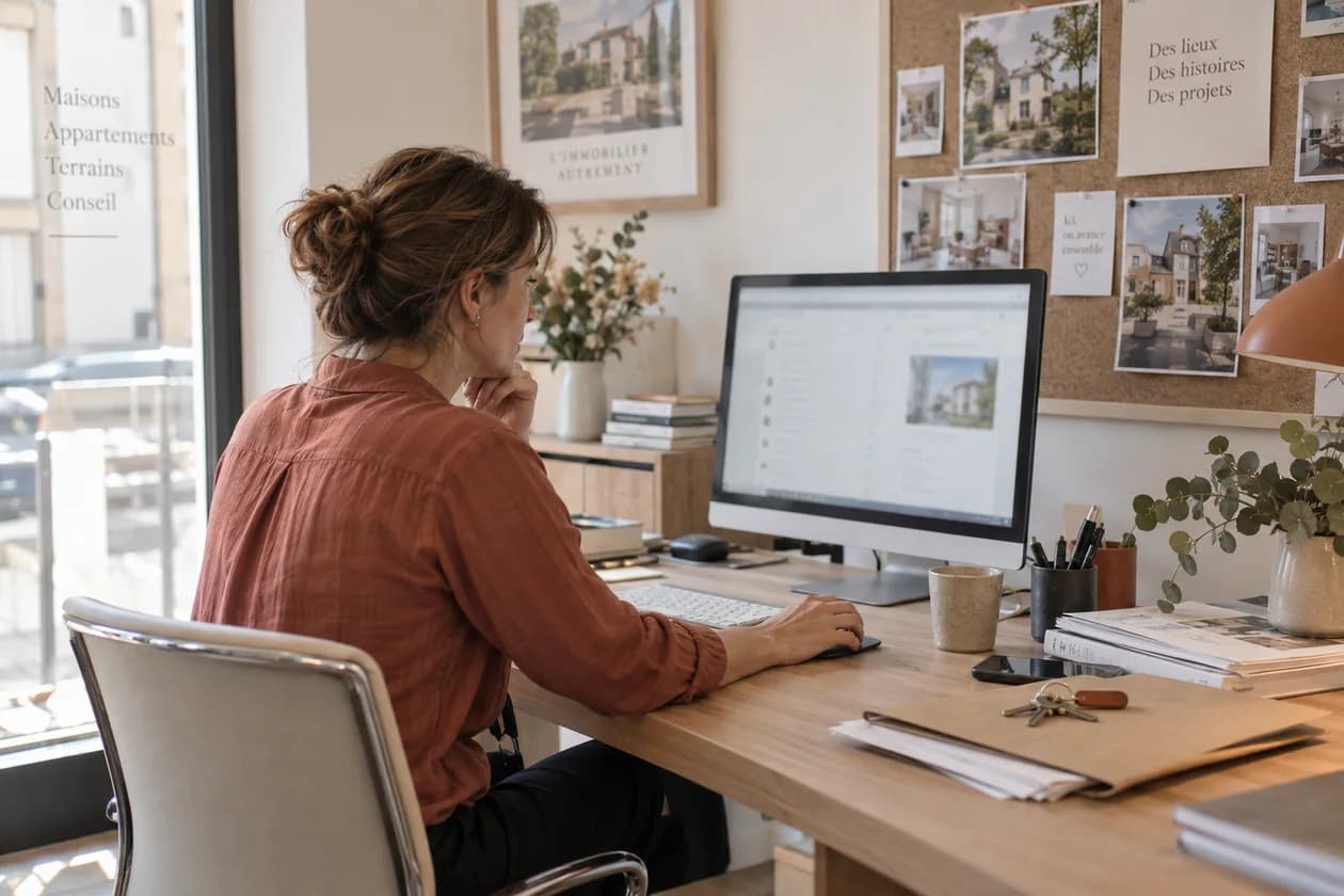 Illustration : une agente immobilière prépare le suivi de ses clients au bureau